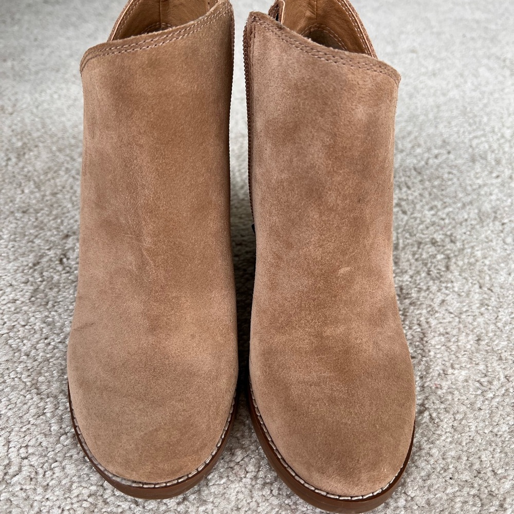 Lucky brand tan suede wedge bootie. 6.5